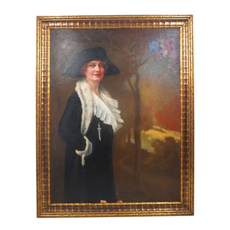 Seymour Millais Stone O/B "Portrait of a Woman": Seymour Millais Stone (Polish, 1877-1975) Oil on board "Portrait of a Woman". Signed lower right Seymour M. Stone 'ne Kameniaski. Measures 39-1/2" x 29-1/2" (sight), frame measures 45-1/2" x 35-1/2"