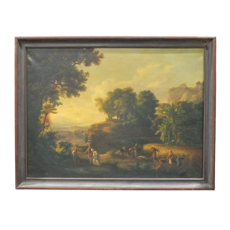 19C Oil/Canvas "Landscape with Wheat Harvesters": Impressive 19th Century Continental Oil on Canvas "Landscape with Wheat Harvesters". Unsigned. Measures 40-1/2" x 54-1/2", frame measures 46-1/2" x 60-1/2". Condition: Good antique condition