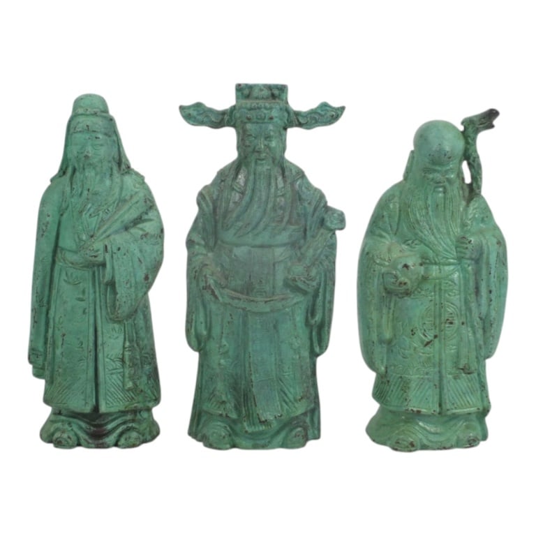 (3) Chinese Bronze Sculptures: Lot of Three Chinese Bronze Wise Men Sculptures. Tallest measures 9-1/4" x 4". Smallest measures 8-1/2" x 3-3/4". Condition: All in good condition. Estimate 150 - 350 Domestic shipping Third party