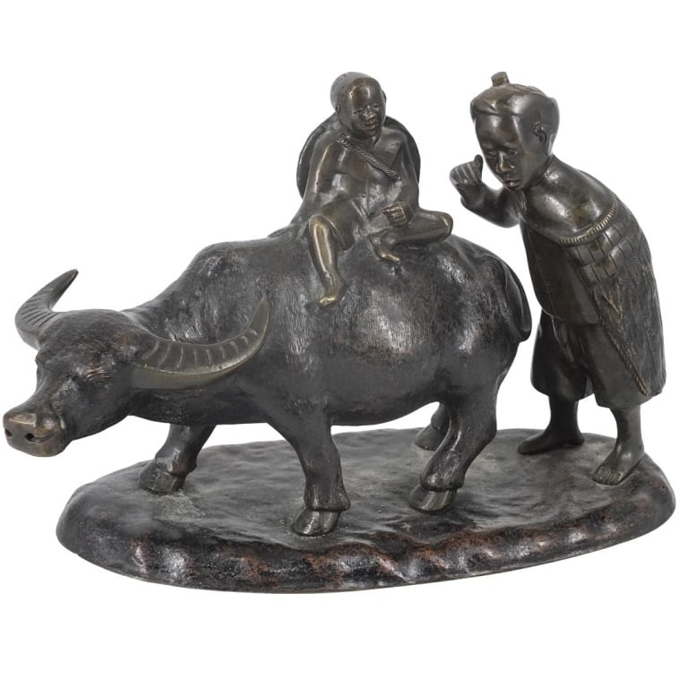 19/20th C. Japanese Bronze Sculpture: 19/20th Century Japanese Bronze Figural Sculpture. Unsigned. Measures 7-3/4" x 11-1/4" x 5". Condition: One figure needs to be tightened to the base. Estimate 150 - 350 Domestic shipping Third party