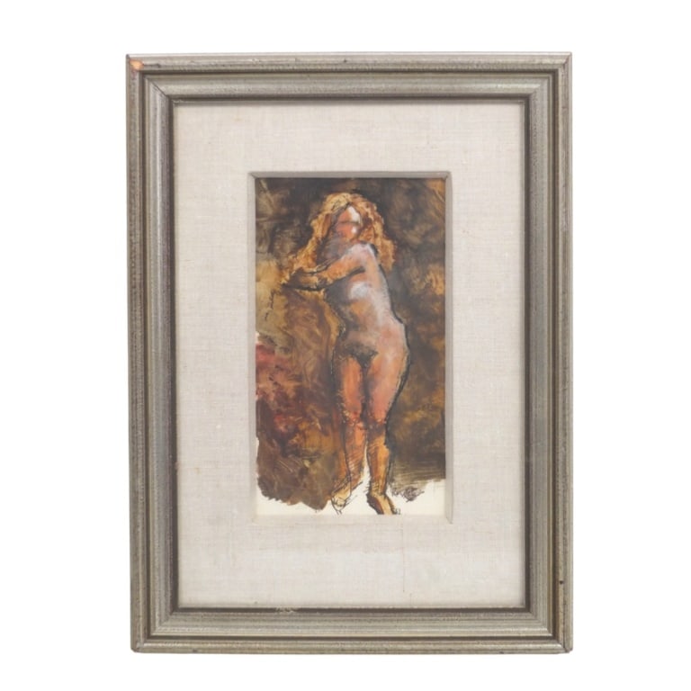 Ray Betts Mixed Media "Female Nude": Ray Betts (American, 20/21st C) Mixed media "Female Nude". Signed lower right. Framed and under glass. Measures 8-1/2" x 4-3/4" (sight), frame 15-1/4" x 11" Condition: Good condition. Estimate 60 -