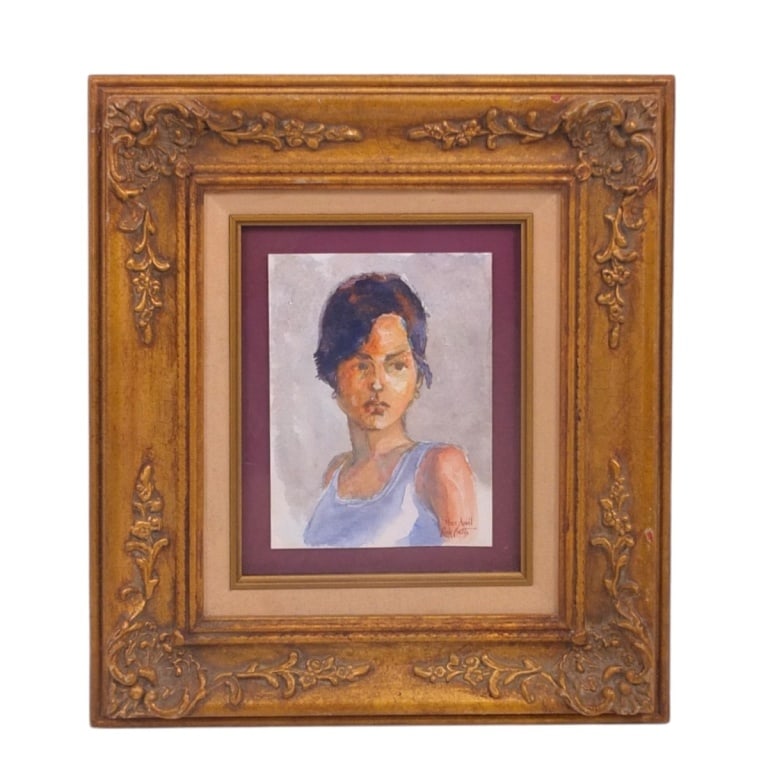 Ray Betts Watercolor Portrait "Miss April": Ray Betts (American, 20/21st C) Watercolor Portrait "Miss April". Titled and signed lower right, exhibition tag verso. Framed and under glass. Measures 8" x 6", frame 17-1/2" x 15-1/2". Condition: