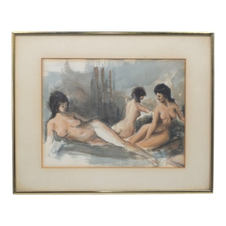 Ray Betts Watercolor on Paper "Nude Study": Ray Betts (American, 20/21st C) Watercolor on Paper "Nude Study". Signed lower left. Framed and under glass. Measures 11" x 14-1/4", frame 16-1/4" x 20-1/4". Condition: Toning or in good condition.