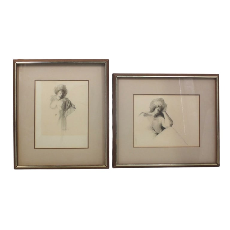 2 Ray Betts Pencil Sketches "Female Nudes": Ray Betts (American, 20/21st C) Pencil Sketches "Female Nudes". Signed. Framed and under glass. Measures 9" x 11", frames 16-1/2" x 19". Condition: Good condition. Estimate 120 - 240 Domestic