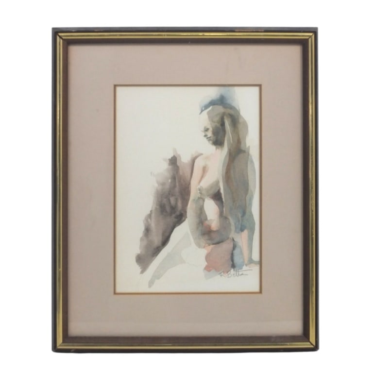 Ray Betts Watercolor "Female Nude": Ray Betts (American, 20/21st C) Watercolor on paper "Female Nude". Signed lower right. Framed and under glass. Measures 10-1/4" x 7", frame 16-1/4" x 13-1/4" Condition: Good condition. Estimate 60 -