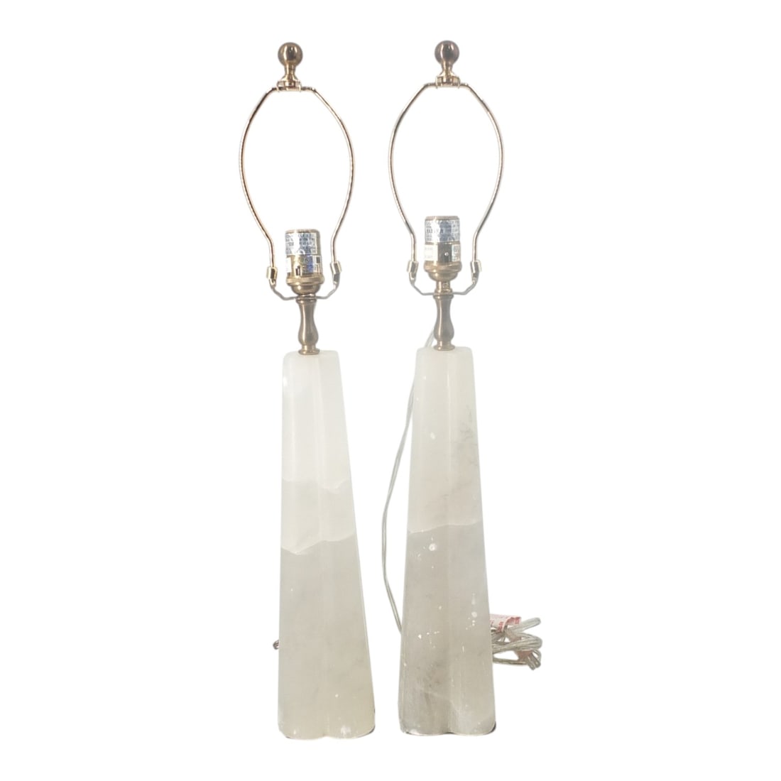 Pair Modern Renwil Rima White Onyx Table Lamps: Pair Modern Possibly Renwil Rima White Onyx Table Lamps. Unmarked. Measures 25-1/2" H to finial x 4" x 4". Condition: Both with internal dings, 1 with scratch, wear to bottom edges. Estimate 200 -