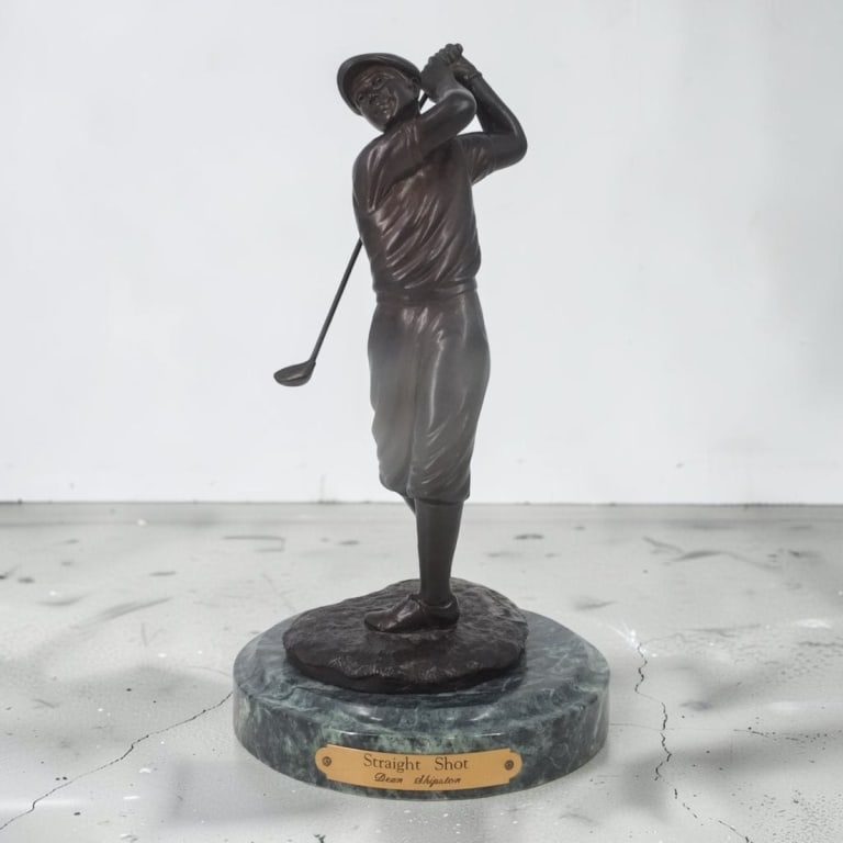 Dean Shipston Ltd Edition Bronze "Straight Shot": Dean Shipston (American, b. 1964) Limited Edition Golfer Bronze on Marble Base Straight Shot". Signed, dated 1999 and numbered 295/2500. Measures 11" H. Condition: Good condition. Estimate 80 - 160