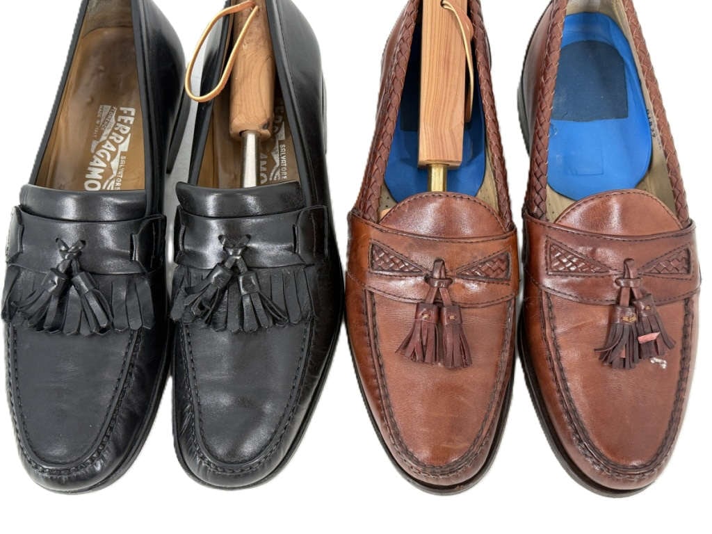 Ferragamo, Allen Edwards Men's Loafers Sz 10: 2 Pair Men's Leather Tasseled Loafers, Size 10. Includes: Ferragamo black leather, Allen Edwards brown leather. Labeled appropriately. Condition: Good pre-owned condition. Estimate 100 - 300 Domestic
