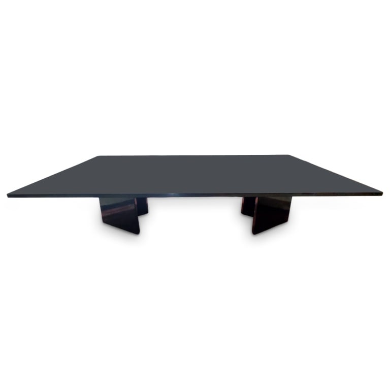 Mid Century Black Granite Coffee Table: Mid Century Black Granite Coffee Table with Geometric Pedestal Feet. Measures 16" x 65" x 35". Condition: Good condition. Estimate 300 - 400 Domestic shipping Third party
