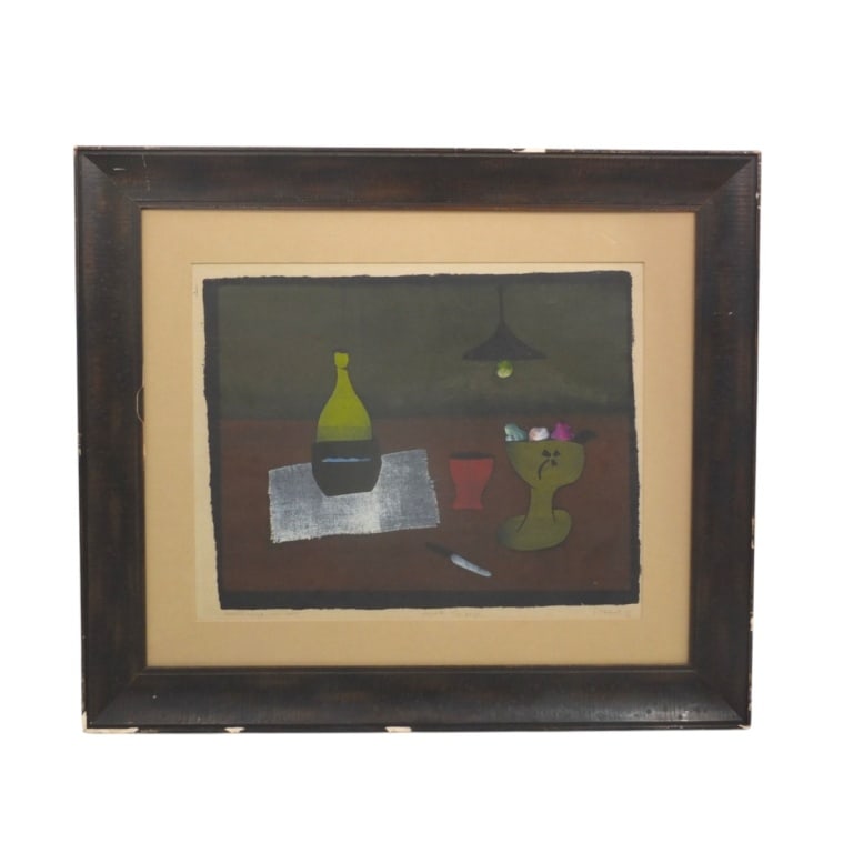MCM Color Lithograph "Still Life, 1958": MCM Color Lithograph "Still Life". Pencil inscribed illegibly, titled, dated '58 lower margin. Framed, no glass. Measures 17" x 21" (sight), frame 27" x 31". Condition: Toning or in good condition.
