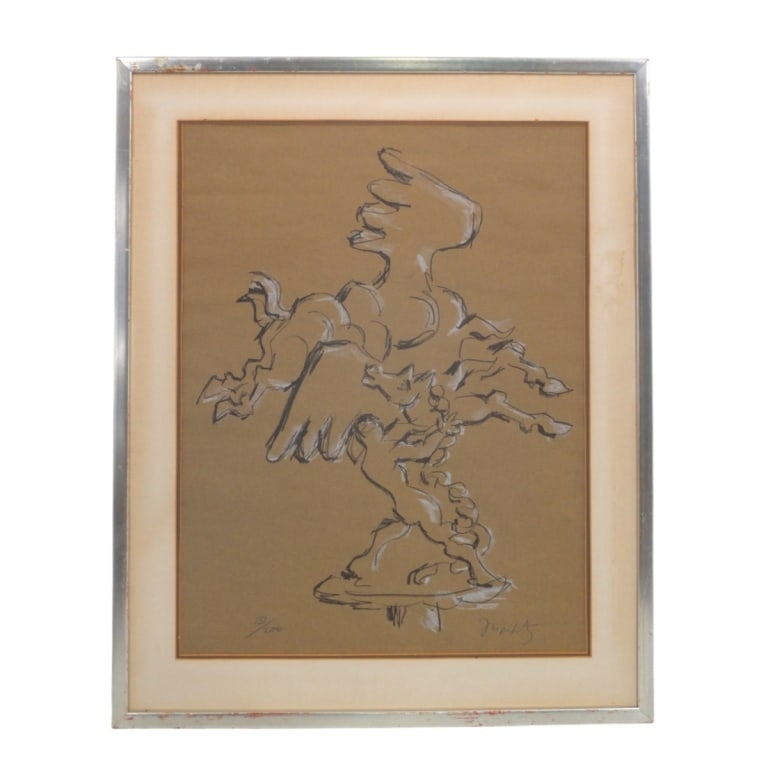 Jacques Lipchitz Lithograph "Taming Pegasus": Jacques Lipchitz (Lithuanian, 1891-1973) Lithograph "Bellerophon Taming Pegasus". Pencil signed and numbered 151/200. Framed, no glass. Measures 23-3/4" x 18" (sight), frame 30" x 24". Condition: Good