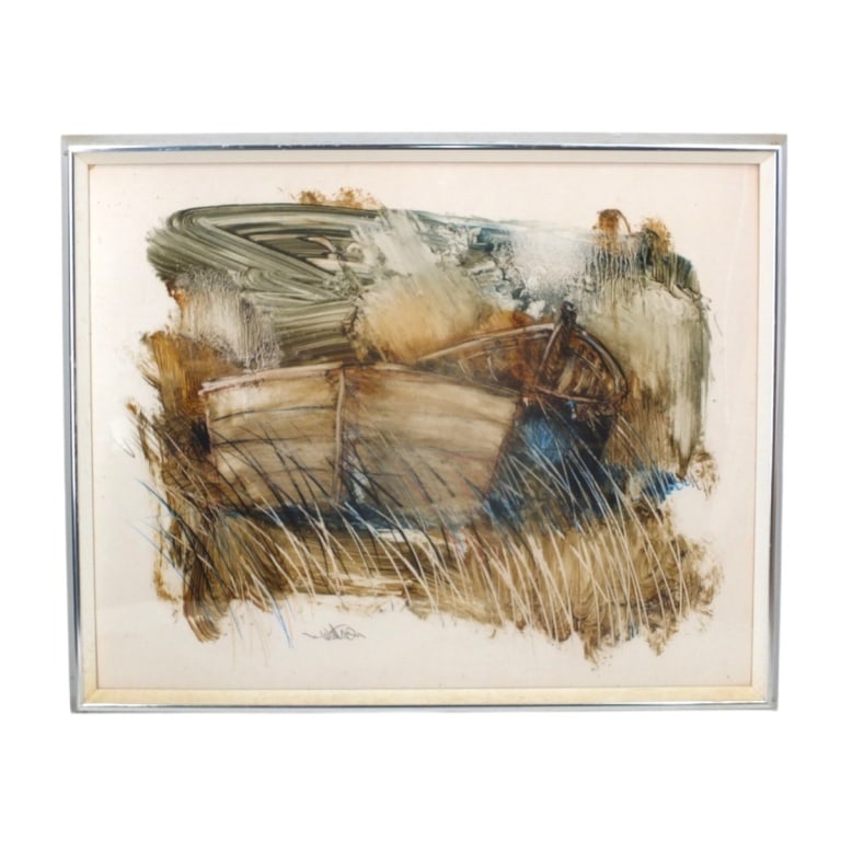 N. Watson (20th Century): N. Watson (20th Century) "Docked Rowboat" Reverse Painted Artwork, Signed Lower Center. Sight measures 15-5/8" x 19-5/8". Frame measures 17-1/2" x 21-1/2". Condition: Minor toning otherwise good
