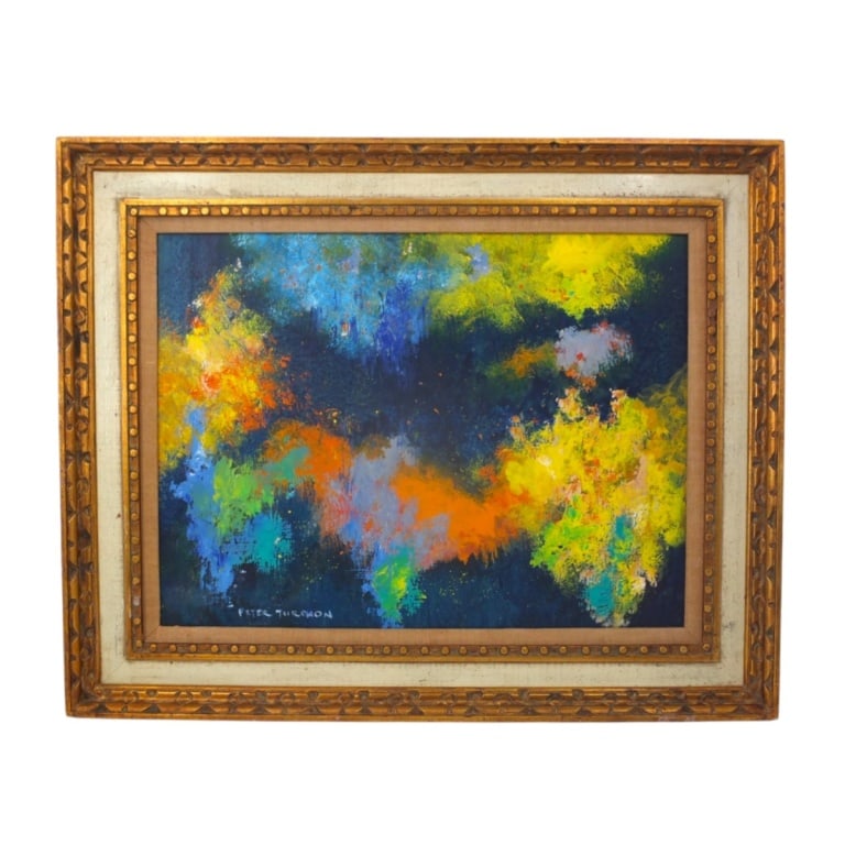 Peter Turchon Mid Century Oil/Masonite "Fantasia": Peter Turchon (20th C) Mid Century Oil on Masonite "Fantasia". Signed lower left, inscribed verso. Measures 18" x 24", frame 24-1/2" x 30-3/4". Condition: Good condition. Estimate 100 - 500 Domestic