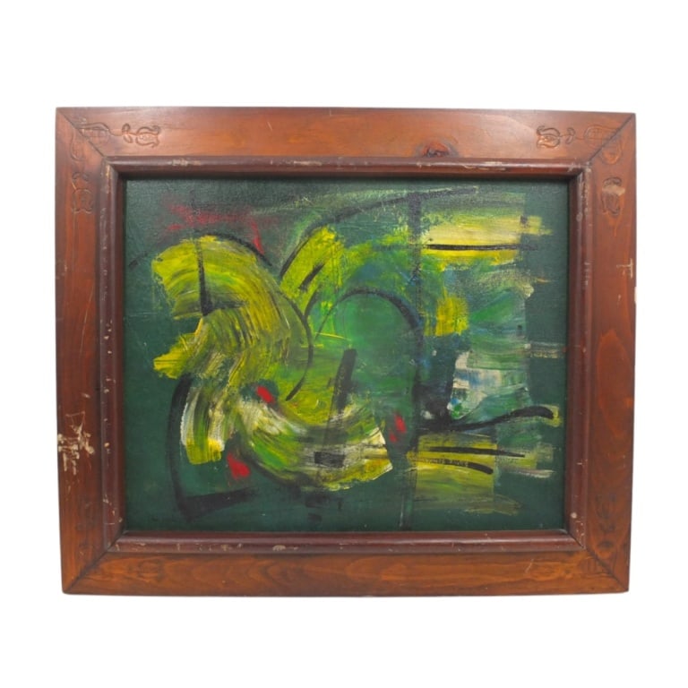 Mid Century Oil/Canvas "Abstract Composition '69": Mid Century Ol/Canvas "Abstract Composition '69" Signed Hans H___? and dated '69 lower left. Measures 16" x 20", frame 21-3/4" x 25-1/2". Condition: Good condition. Estimate 120 - 1000 Domestic
