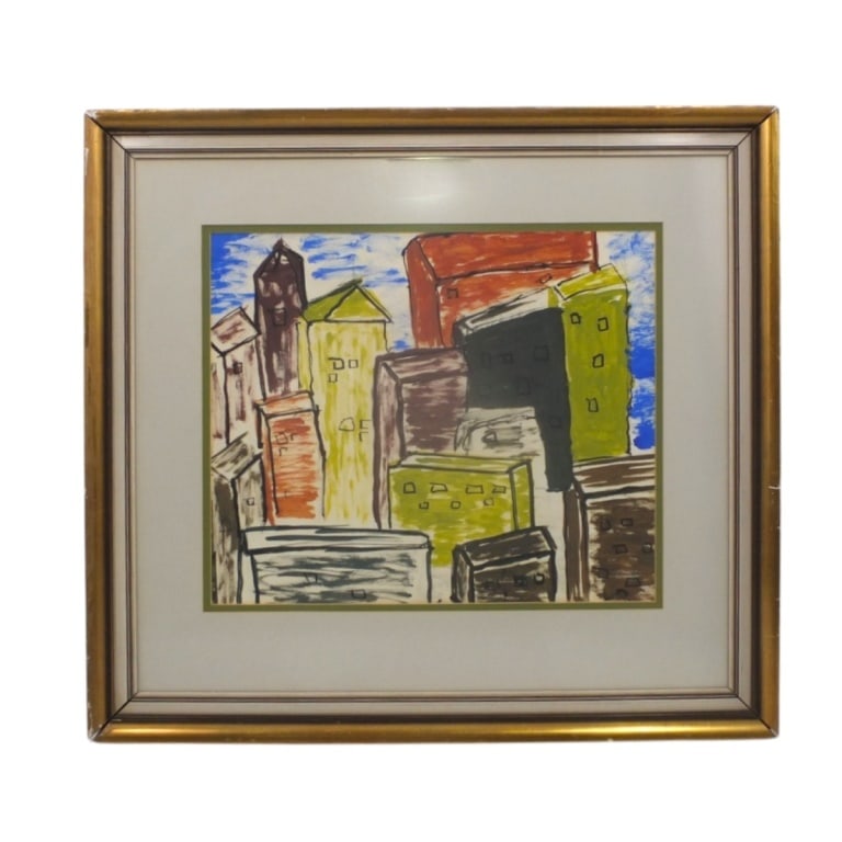 Vintage American School Watercolor "Skyline": Vintage American School Watercolor "Skyline". Signed Lower right L.D. Framed and under glass. Measures 12-3/4" x 15-1/4" (sight), frame 21-1/2" x 23-3/4. Condition: Good condition. Estimate 60 - 1000