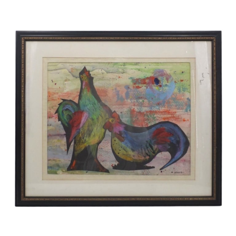 Mignon Atchison Collage Early in the Morning: Mignon D. Atchison (American, 1897-1989) Collage "Early in the Morning". Signed lower right, Label to verso. Framed and under glass. Measures 14-1/2" x 18-1/4", frame 22-3/4" x 26-3/4". Condition: