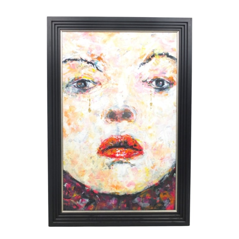 Carlos Villanuevo (20/21st) Pop Art Portrait: Carlos Villanuevo (Spanish, 20/21st C) Acrylic on canvas "Pop Art Portrait". Signed lower right. Measures 30" x 19" (sight), frame 34-1/2" x 23-1/2". Condition: Good condition. Estimate 100 - 300