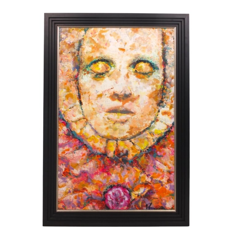 Carlos Villanuevo (20/21st) Pop Art Portrait: Carlos Villanuevo (Spanish, 20/21st C) Acrylic on canvas "Pop Art Portrait". Signed lower right. Measures 30" x 19" (sight), frame 34-1/2" x 23-1/2". Condition: Good condition. Estimate 100 - 300