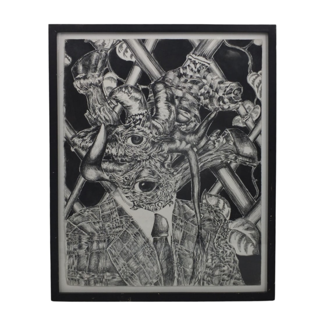 Black Oil Stick Graphic Art "Monstrous Image": Black Oil Stick on Paper Graphic Art "Monstrous Image". Unsigned. Well framed under glass. Measures 26" x 20-1/2", frame 29" x 23-1/2". Condition: Good condition. Estimate 100 - 300 Domestic shipping 