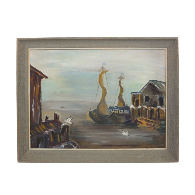 Esta Lamb Mid Century Oil on Cardboard "Dockside": Esta Lamb (20th C) Mid Century Oil on Cardboard "Dockside". Signed and dated 1960 lower right. Measures 17-1/2" x 24", frame 21-3/4" x 27-3/4" Condition: Good condition. Estimate 60 - 120 Domestic