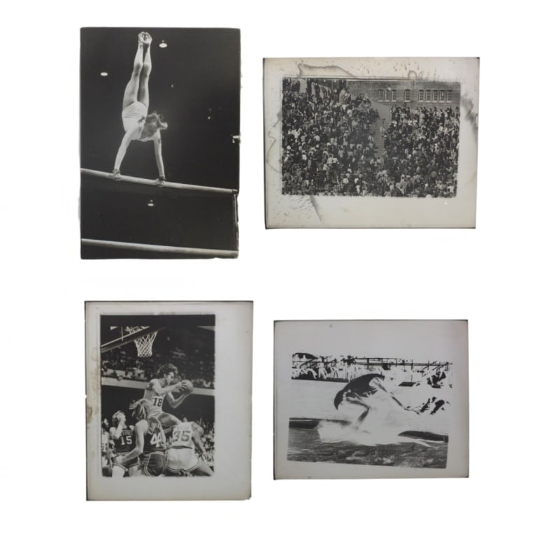 4 Vintage Photographs on Aluminum: 4 Vintage Photographs on Aluminum. Including athletes and a crowd scene with a nude man. Measures 23-1/4" x 19-1/4". Condition: Vintage Condition. Estimate 80 - 160 Domestic shipping Third Party