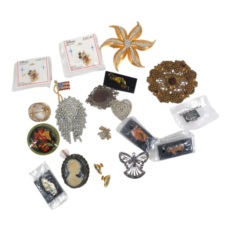 Vintage Costume and Fashion Jewelry - Brooch Lot: Vintage Costume and Fashion Jewelry - Pin/Brooch 20 Piece Lot. Includes a signed Jan Michaels "Grapes" brooch . Also included 9 souvenir enameled pins, "jeweled" brooches, a faux cameo pin, etc (see p