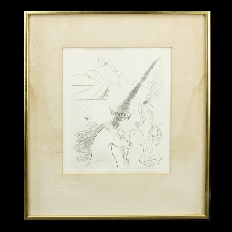 Salvador Dali, Spanish (1904 - 1989): Salvador Dali, Spanish (1904 - 1989) "Lady and the Unicorn" Etching on Paper, Signed in the Plate. Measures 10-1/4" x 8-1/4". Frame measures 18" x 15". Condition: sight in good condition. matting has