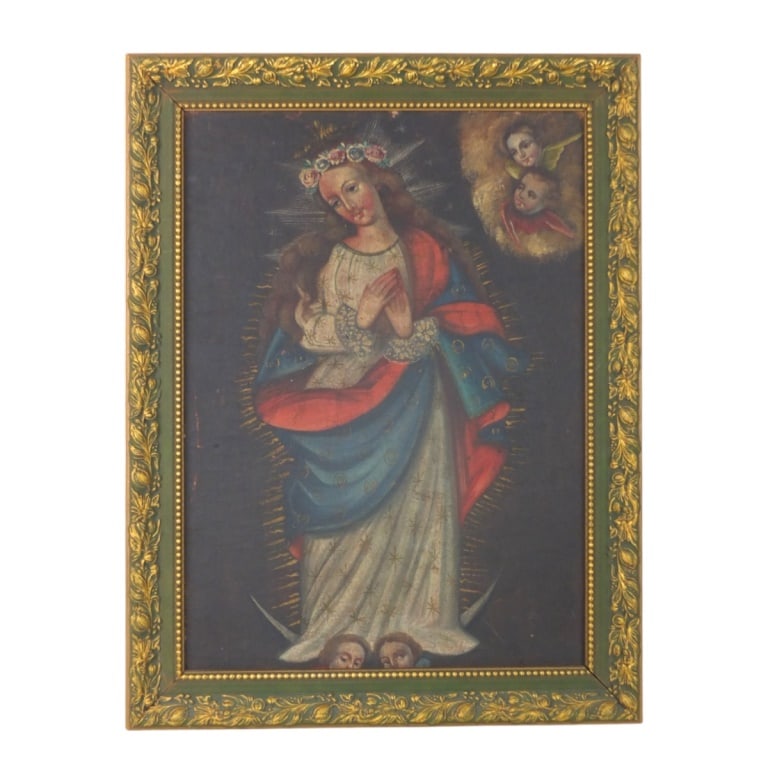 Vintage Cusco School Oil/Canvas/Board "La Virgen": Vintage Cusco School Oil/Canvas/Board "La Virgen" Unsigned. Colombian Gallery label affixed to verso. Sight measures 15-1/4" x 11". Frame measures 18-1/2" x 14-1/4". Condition: Good condition.