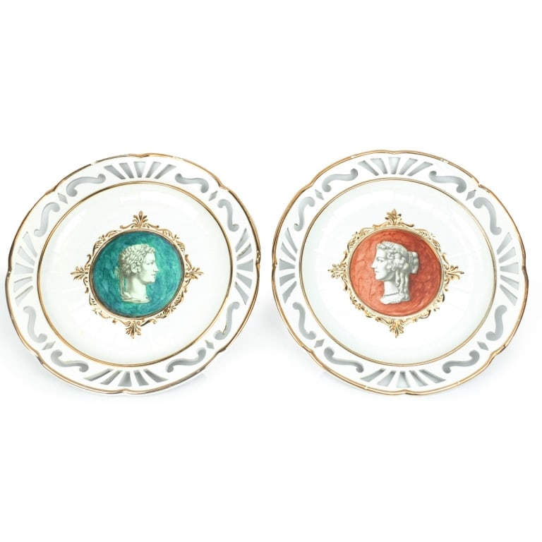 Pair of Vintage Cabinet Plates: Pair of Vintage Italian Portrait Cabinet Plates. Marked and artist signed on reverse side. Measures 10-3/4" diameter. Condition: Previously set with iron wall mounts which left some marked on the rim