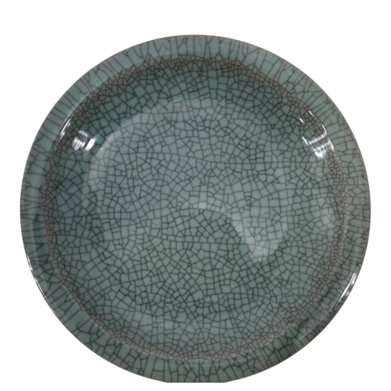 Large Asian Celadon Porcelain Charger: Large Asian Crackle Glazed Celadon Porcelain Charger. Marked on the reverse side. Measures 14-3/4" diam. Condition: Good condition. Estimate 60 - 100 Domestic shipping Third party