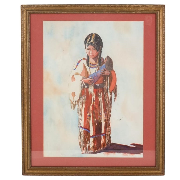 Diane Golin (20th Century): Diane Golin (20th Century) Watercolor on Paper "Indian Girl" Signed Lower Left. Sight measures 14-3/4" x 10-3/4". Frame measures 18-3/4" x 15-5/8". Condition: Good condition. Estimate 100 - 200 Domest