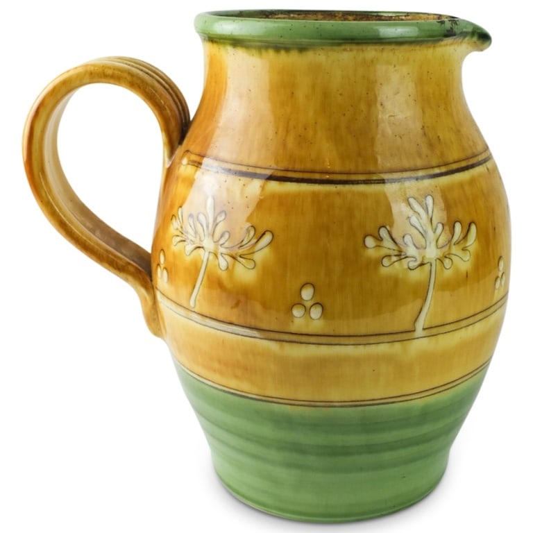 Large Mougin Glazed Pottery Jug: Large Mougin French Art Deco Faience Glazed Pottery Jug. Marked Mougin AP on the base. Measures 11-3/8" x 9-1/4" x 12". Condition: Good condition. Estimate 50 - 150 Domestic shipping Third party