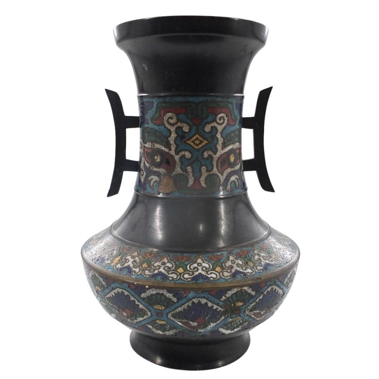 Antique Chinese Cloisonne Bronze Vase: Tall Antique Chinese Cloisonne Enamel Bronze Vase. Unsigned. Measures 12" x 8-1/4". Condition: Good condition. Missing bottom Estimate 50 - 150 Domestic shipping Third party