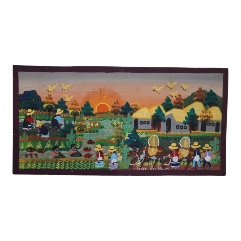 Felipe Benítez Miranda (20th Century): Felipe Benítez Miranda (20th Century) Folk Art Oil on Board "Village Scene" Signed Lower Right. Overall measures 6" x 11-3/4". Condition: Good condition. Estimate 20 - 80 Domestic shipping Third part