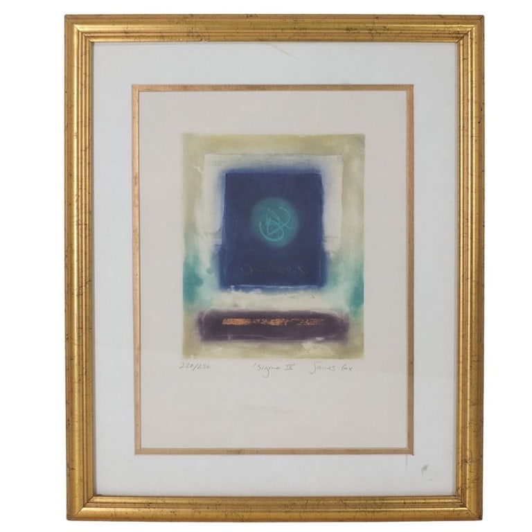 James Cox, British (b.1956): James Cox, British (b.1956) Etching on Paper "Sigma IX" Signed Lower Right. Sight measures 15-3/8" x 11-1/2". Frame measures 22" x 18-1/8". Condition: Good Condition Estimate 50 - 150 Domestic shippin
