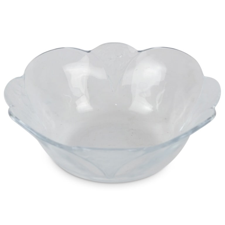 Vintage Lalique Style Glass Bowl: Vintage Lalique Style Glass Bowl. unsigned. Measures: 3-1/2" x 9". Condition: Has a few scuffs to the base. otherwise good condition. Estimate 50 - 150 Domestic shipping Third Party