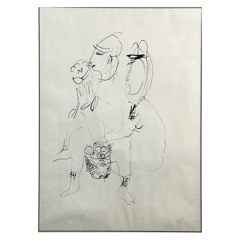 French School Ink Drawing: French School Ink Drawing on Paper "Couple" Signed Lower Right. Sight measures 17" x 12-1/8". Frame measures 23-1/2" x 18-3/8". Condition: Good condition. Estimate 100.00 - 300.00 Domestic shipping Th