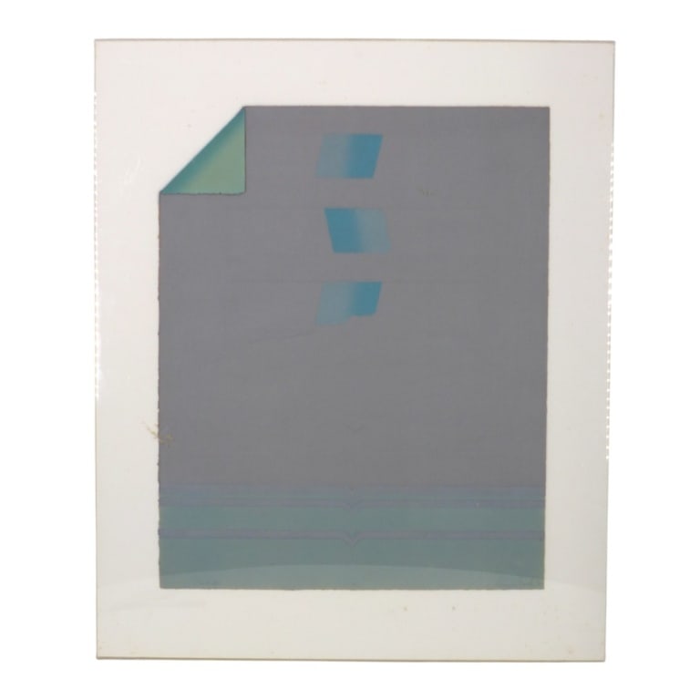 Mid Century Embossed Lithograph "Abstract": Mid Century Embossed Lithograph "Abstract" (Olympus Graphics). Pencil signed illegibly and dated '72. Framed and presented in plexi-glass frame. Measures 32-1/4" x 26-3/4" overall. Condition: Good