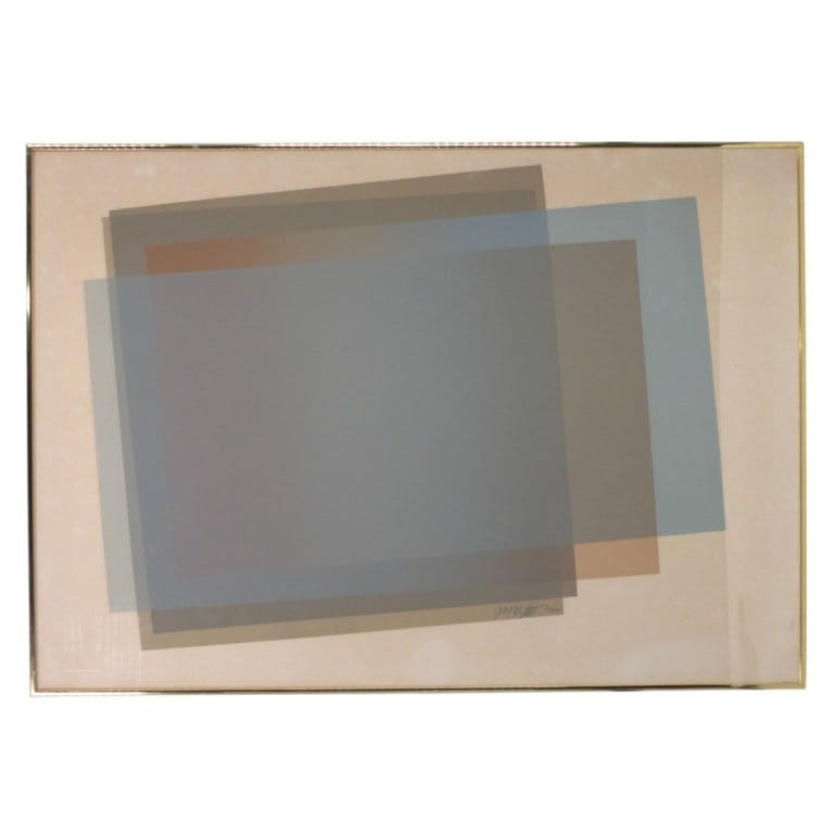 Olympus Graphics Winn Galleries Litho Abstract: Mid Century Color Lithograph "Abstract". Pencil signed illegibly and numbered 9/200. "Winn Galleries for Olympus Graphics" label verso. Framed and presented under plexi-glass screen. Measures 27-1/2"