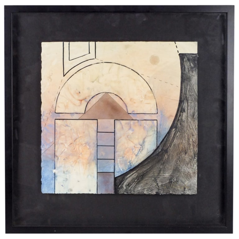 Ralph W. Groff (20th C.): Ralph W. Groff, American (20th Century) Mixed Media on Paper "Geometric Patterns" Signed Lower Right. Sight measures 14-3/8" x 15-1/4". Frame measures 22-1/4" x 22-1/4". Condition: Good condition.