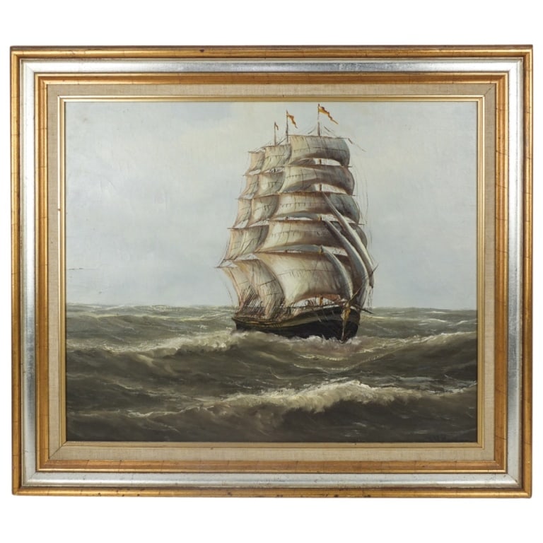Antique Continental School O/C "Tall Sailing Ship": Antique Continental School Oil on Canvas "Tall Sailing Ship". Signed Illegibly Lower Right. Measures 20" x 24". Frame measures 25-7/8" x 29-7/8". Condition: Craquelure, some flaking. Estimate 100 -
