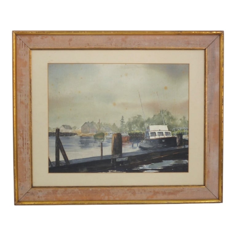 Lawrence E. Blazey Watercolor "Harbor Scene": Lawrence E. Blazey, American (1902-1999) Watercolor on paper "Harbor Scene". Signed lower right. Framed and presented under glass screen. Measures 13-1/2" x 17-1/4", frame measures 21-1/2" x 26".