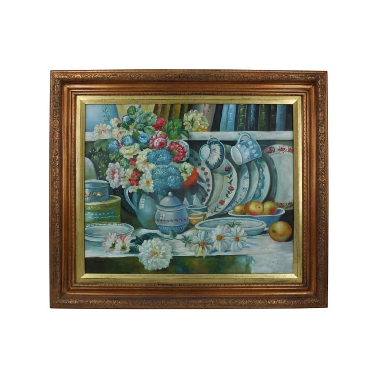 Italian School Oil on Canvas Signed Vicenzo: Italian School oil on canvas "Still Life" signed Vicenzo lower left. Measures 20" x 24". Frame measures 27-5/8" x 31-1/2". Condition: Good condition. Estimate 100 - 300 Domestic shipping Third party