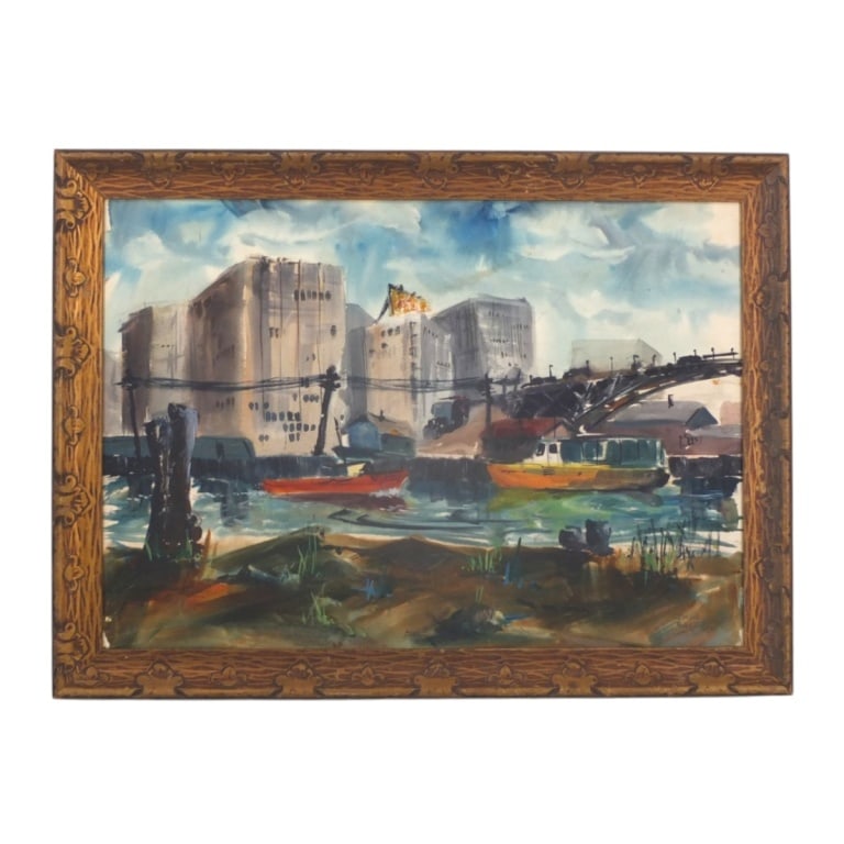 VTG Watercolor "City Riverscape" Signed Jane Gage (1 of 4)