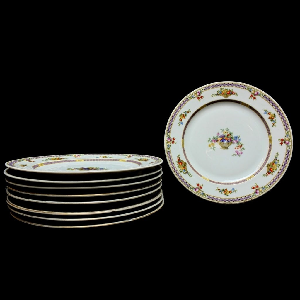 Set of Epiag Czech Dinner Plates.: Set of Eight Epiag Czech Porcelain Dinner Plates. Signed. Measures 10-1/8" diameter. Condition: Two have chips to the rim otherwise good condition. Estimate 20 - 80 Domestic shipping Third party