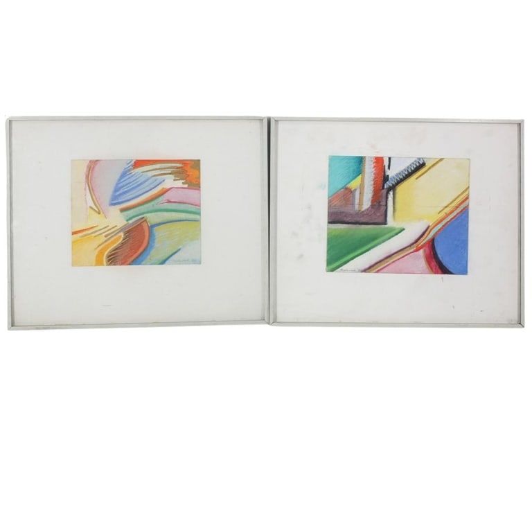 Christine Najdzionek 2 Mixed Media "Frantic": Christine Najdzionek (20th Century) Pair of Mixed Media on cardboard "Frantic". Signed and dated 1982, 1985, Inscribed on the Reverse Side. Frames measures 13-1/4" x 16-1/4". 1 with glass, 1 without.
