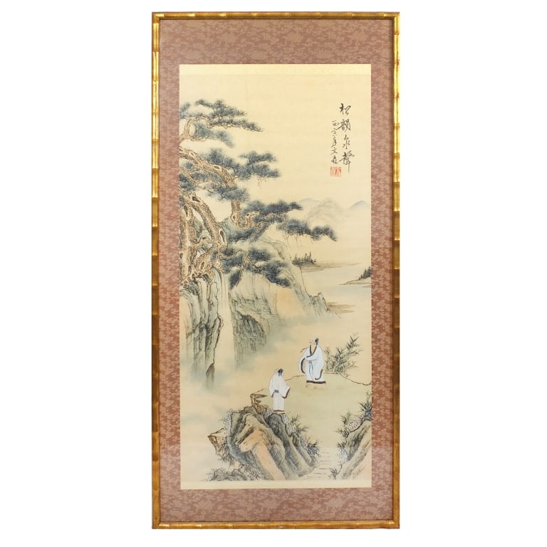 Antique Framed Chinese Scroll: Antique Framed Chinese Watercolor and Ink Scroll Painting with Silk Brocade Border. Depicts a landscape scene with figures. Red seal stamp and calligraphy marked. Measures Measures 42-1/2" x 18"