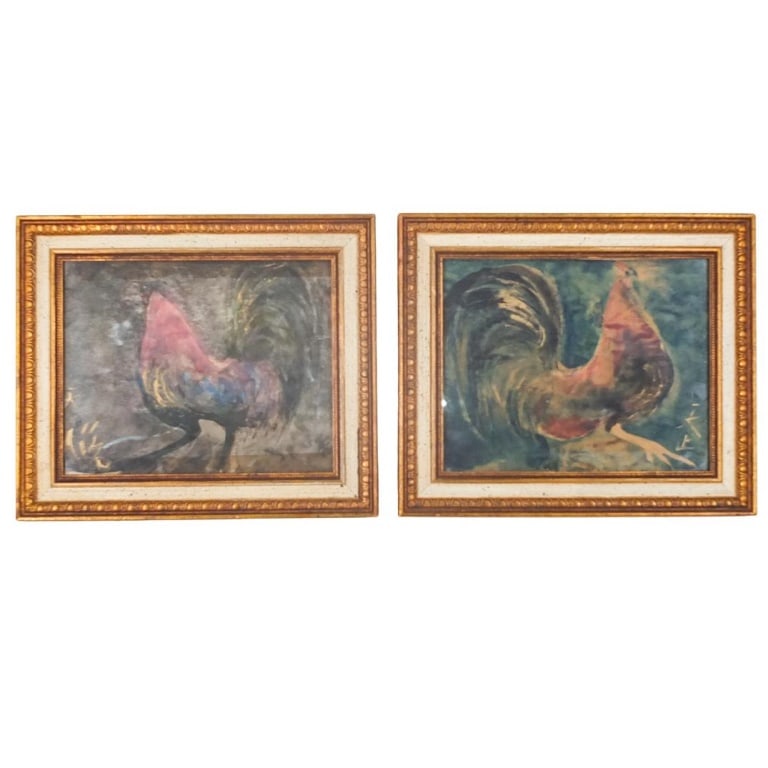 Pair of Framed Chinese Watercolors "Roosters": Pair of Vintage Framed Chinese Watercolors on Paper "Roosters". Signed. Both with Maduart Gallery labels en verso. Sight measures 7-3/4" x 9-3/4". Frame measures 11" x 13". Condition: Good condition.