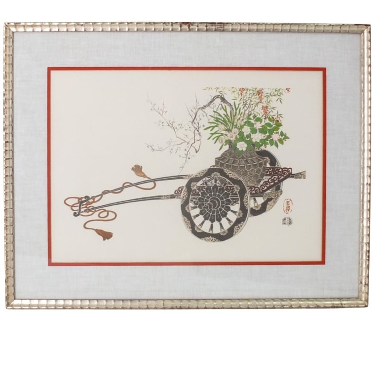Kin-U Takeshita, Japanese (20th C.): Kin-U Takeshita, Japanese (20th Century) Woodblock Print "Flower Cart in Summer" Seal Signed. Sight measures 12" x 17". Frame measures 17-7/8" x 22-7/8". Condition: Good condition. Estimate 50 - 150