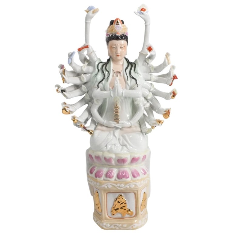 Large Chinese Porcelain Figurine: Large Chinese "Thousand Arm Guanyin" Porcelain Figurine. Measures 16" x 9". Condition: Small nick to one ornament in hand otherwise good condition. Estimate 50 - 150 Domestic shipping Third party